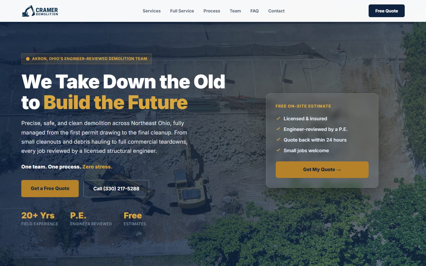 The cramerdemolition.com homepage on a laptop, with the headline We Take Down the Old to Build the Future over a demolition site photo and a free on-site estimate card.