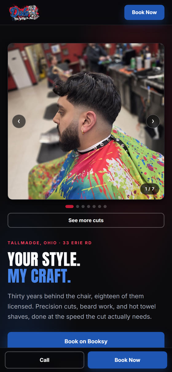 The same Dale Tha Barber Studio homepage on a phone, with Call and Book Now buttons fixed to the bottom of the screen.